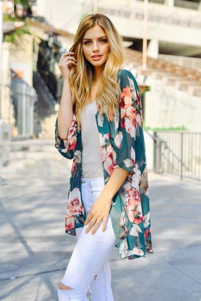 purple floral chiffon cardigan white ripped skinny jeans