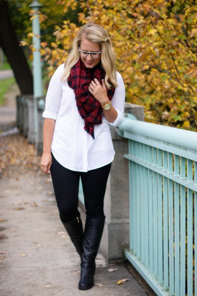 white button up shirt red and black plaid scarf