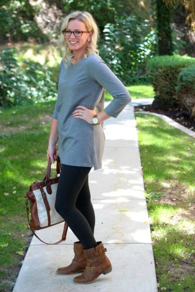 gray tunic brown boots