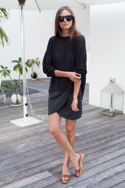 nude platform slip sandals black sweater wrap skirt