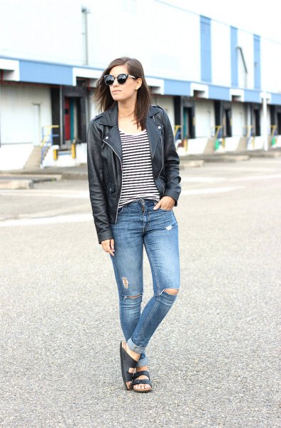 slip sandals black leather jacket ripped jeans