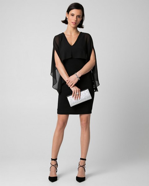 black semi sheer v-neck cape mini dress