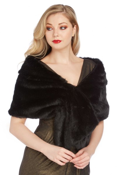 black faux fur shawl gray fit and flare mini dress