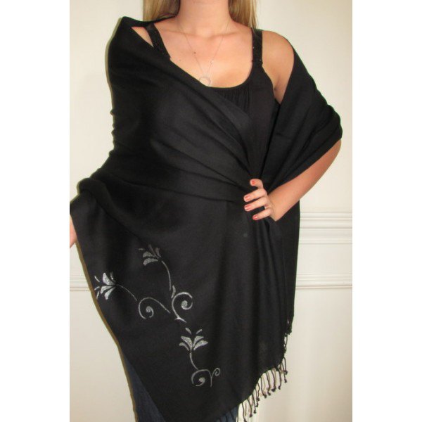 black shawl with silver floral printed details