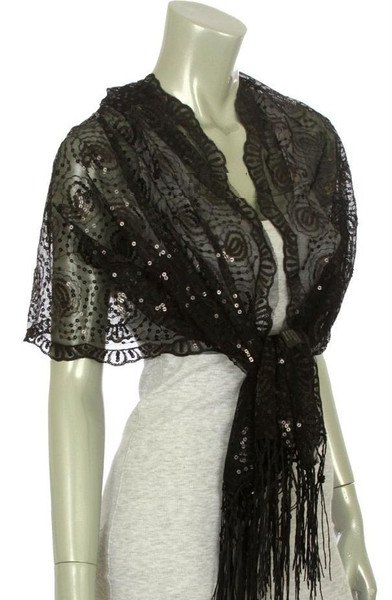 black lace shawl over light heather gray bodycon mini dress
