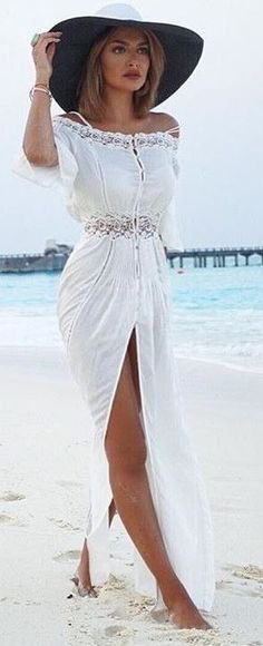 high split maxi white beach dress with hat