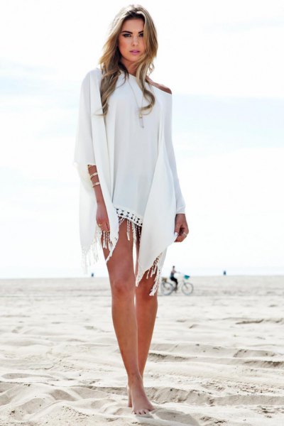 white one shoulder mini cape beach dress