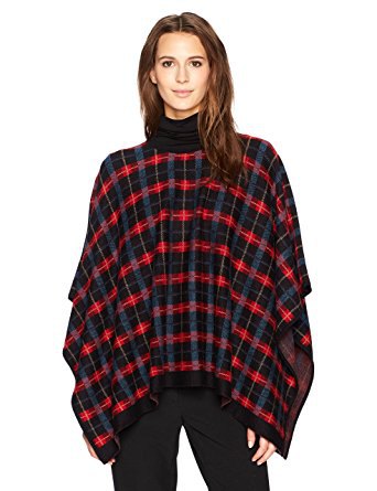 red and black checkered poncho mock neck sweater