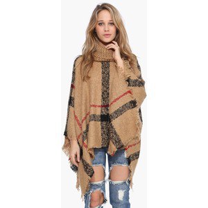 camel and black plaid turtleneck poncho ripped jeans