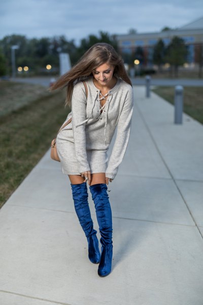 gray lace sweater dress blue velvet over the knee boots