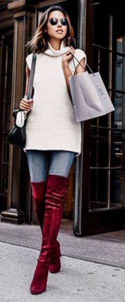 white sleeveless turtleneck sweater burgundy velvet over the knee boots