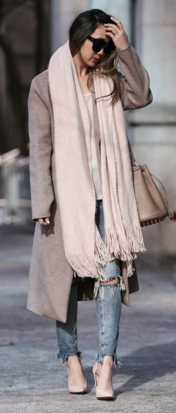 white cashmere scarf gray long wool coat