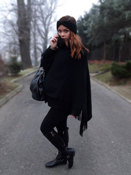 black fringed poncho skinny jeans boots