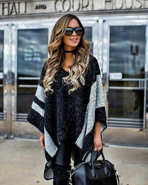black knitted poncho with wide wide stripes