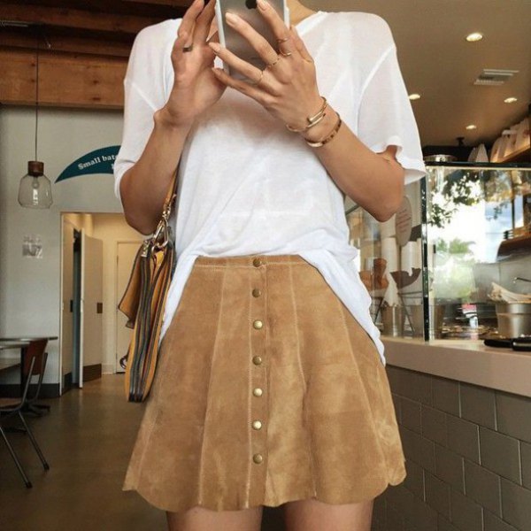 white semi-gloss top brown suede scallop skirt