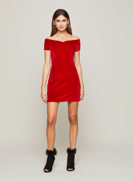 red off shoulder mini dress with open toe boots