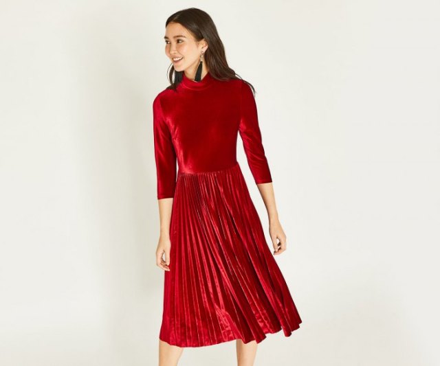 red three quarter sleeve mock neck pleated midi velvet dress