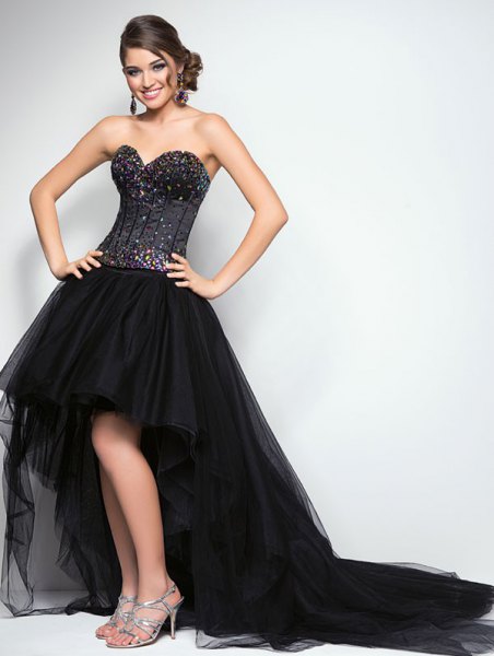 black corset with high low flanged chiffon dress