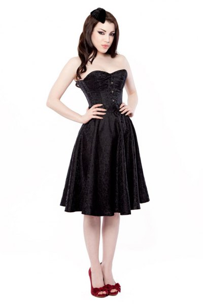 black corset knee length flared dress
