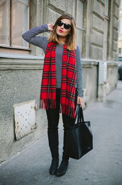 black and white striped long sleeve tee red scarf