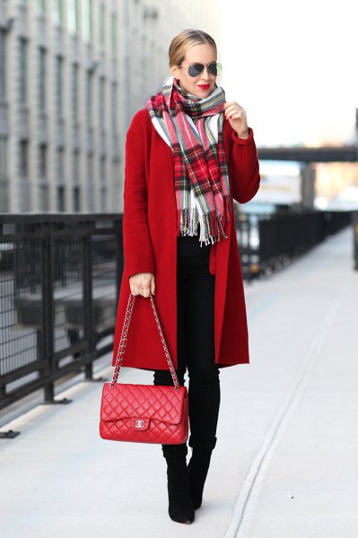 white tartan scarf red long wool coat