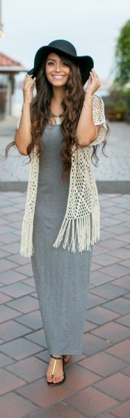 gray maxi dress white crochet lace vest