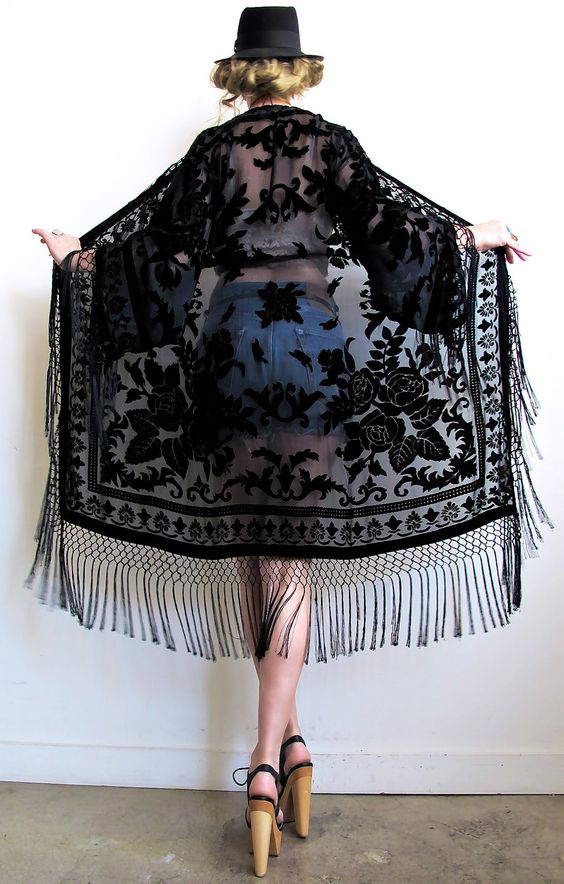 black lace kimono denim shorts