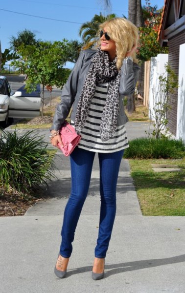 navy and white striped tee gray leopard print scarf