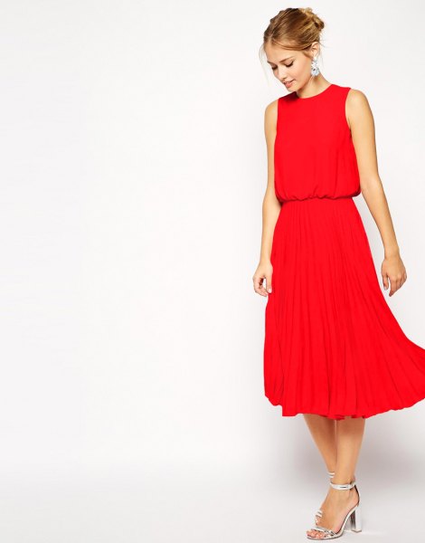 red blouson pleated midi dress