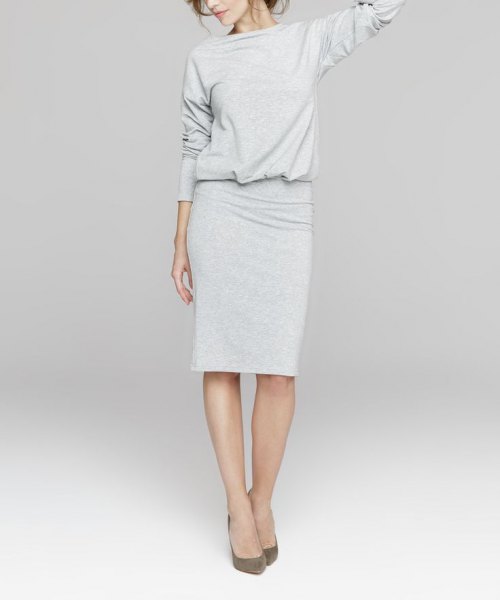 gray long sleeved blouse knee length sweater dress
