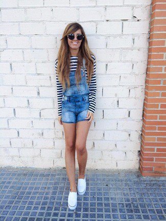 black and white striped long sleeve tee denim overall shorts