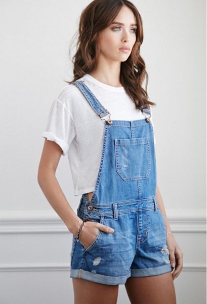 blue denim overall shorts white cropped t-shirt