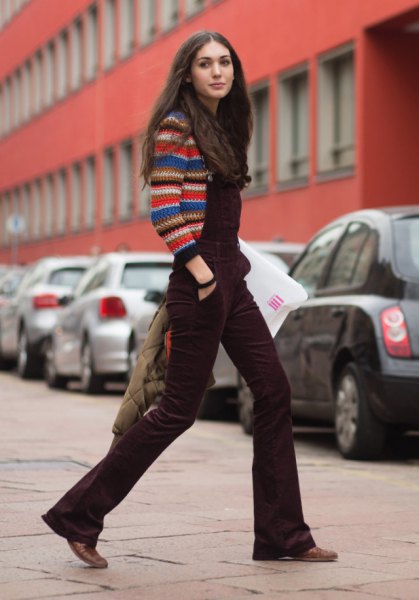 multicolor knitted sweater brown blown-out velvet overall