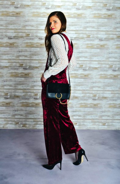 burgundy velvet overalls white lace with long sleeves