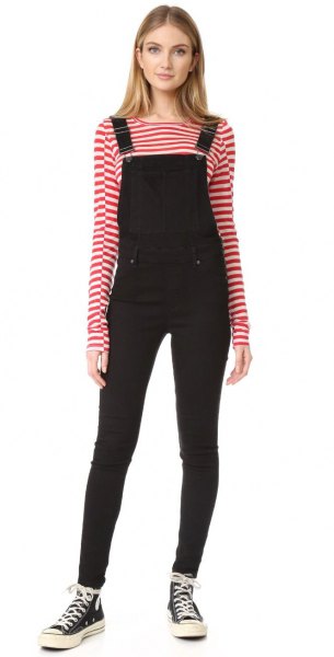 black skinny leg velvet overalls red and white striped tee