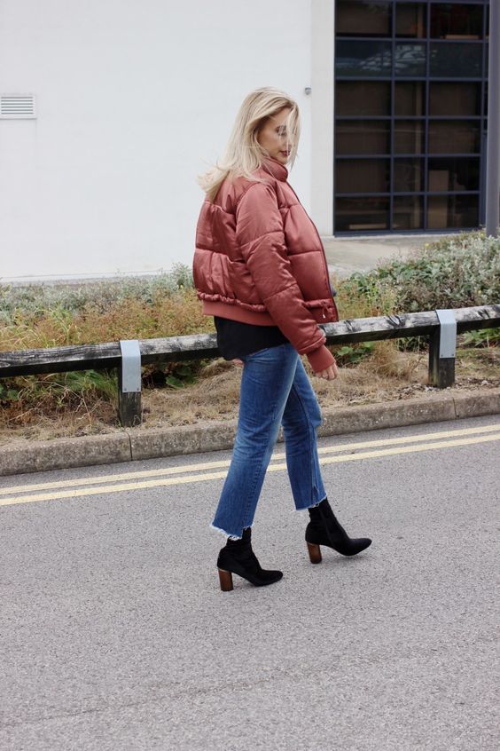 frayed jeans puffer jacket at the bottom