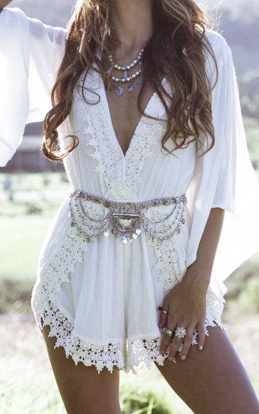 white boho style lace jacket mini dress with silver statement belt