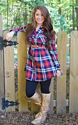 blue and red checkered tunic ivory knee high leather shoes