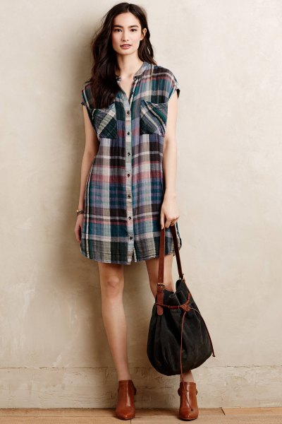 sleeveless plaid tunic brown leather boots