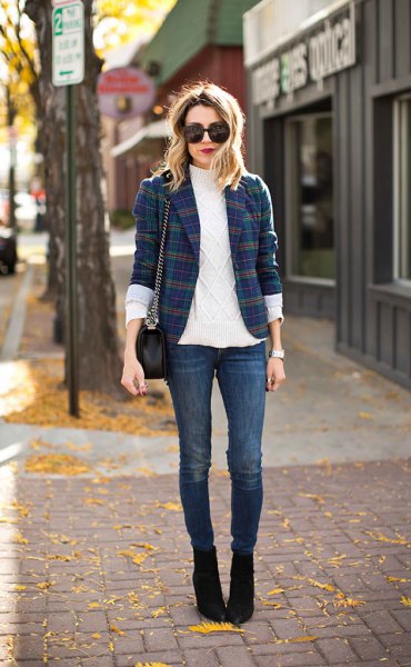 navy and green checkered jacket white sweater neck cable knit sweater