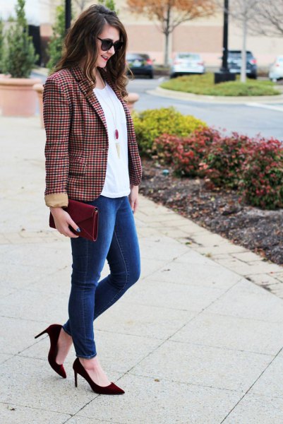 green and black checkered blazer white tee-blue jeans