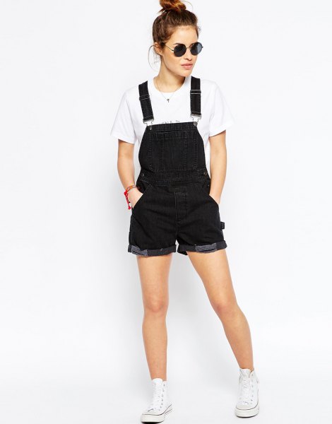 black overall shorts white tee high top sneakers