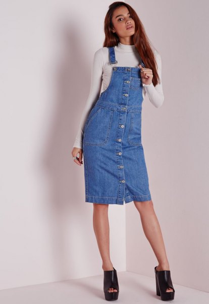 button front denim overall dress white form fitting sweater