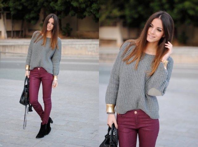burgundy skinny jeans gray sweater with boat neck