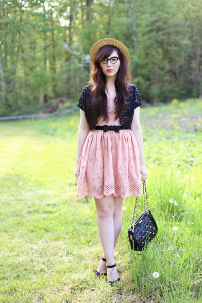 black shoulder pink belt mini dress