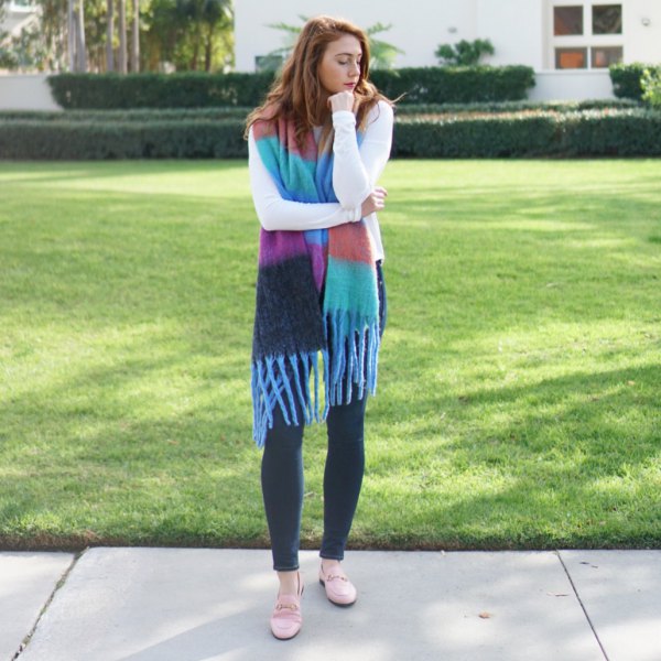 white sweater colorful fringes knitted scarf