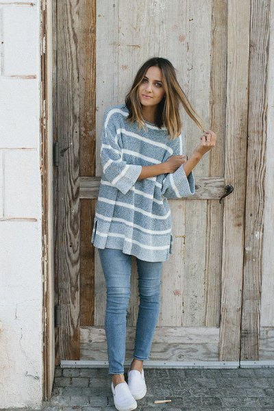 striped chunky sweater gray stretch jeans