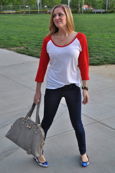 red and white baseball tee with blue floral flats
