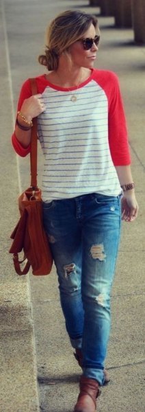 red and white striped baseball tee ripped boyfriend jeans