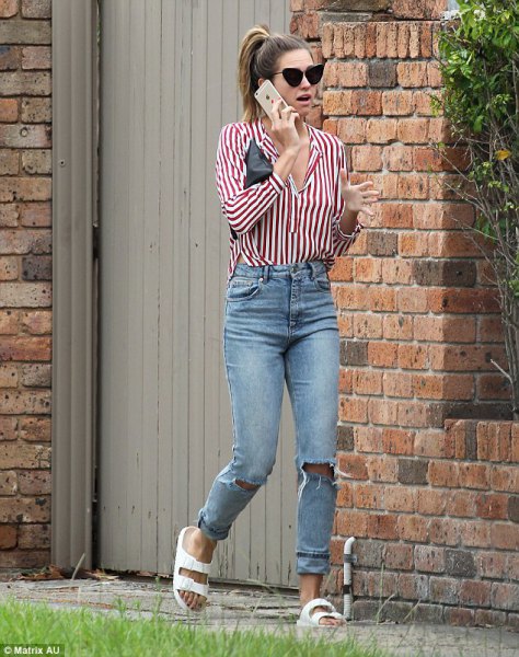 red and white striped shirt boyfriend jeans